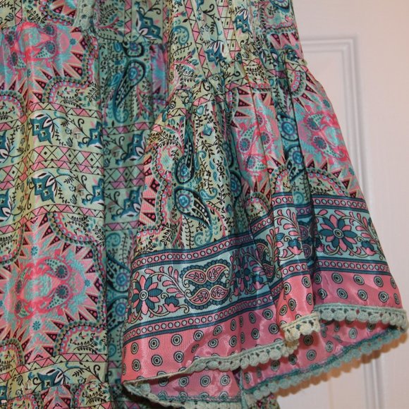 Bohemian Style Print Dress Bell Sleeve V-Neck Tassels Ribbon Made in India OS - Picture 3 of 14